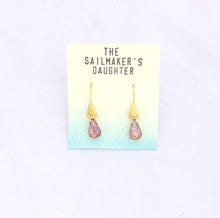 Load image into Gallery viewer, Pink Opal Glass Drop Earrings, Pink Opalescent teardrop &amp; Gold Tone Dangle Earrings, Pink Dichroic Glass

