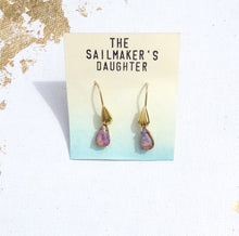 Load image into Gallery viewer, Pink Opal Glass Drop Earrings, Pink Opalescent teardrop &amp; Gold Tone Dangle Earrings, Pink Dichroic Glass
