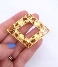 Load image into Gallery viewer, Vintage Diamond Shaped Gold Brooch  Victorian Style Filigree Brooch Cutwork Gold Tone Pin

