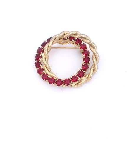 Vintage Circular Red Rhinestone Brooch Circular Rhinestone & Gold rope layered hoop pin