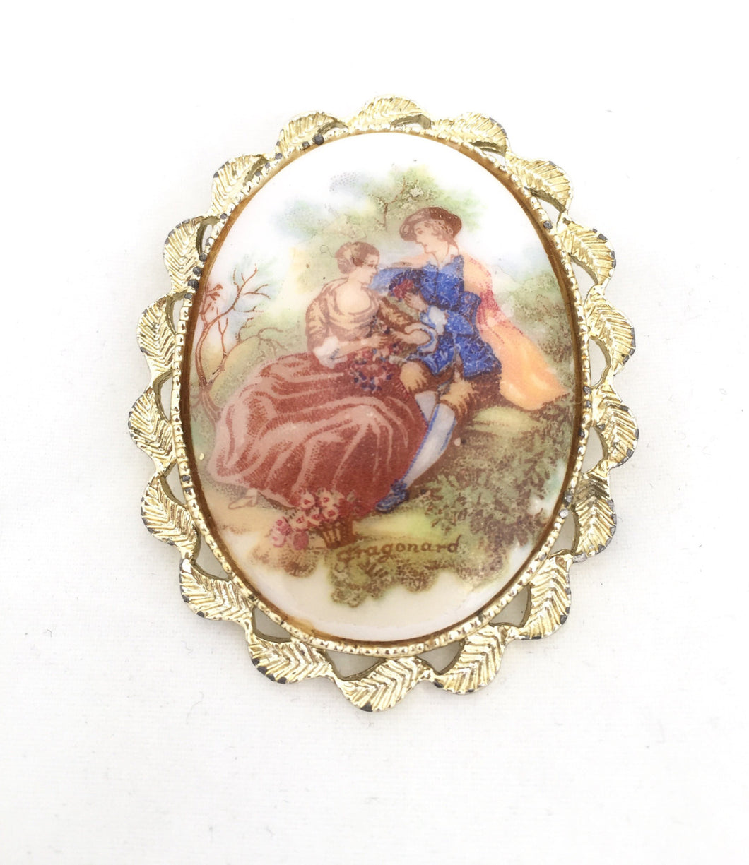 Cabochon Cameo brooch Lovers Cameo French Plastic Cameo marked Fragonard. Lovers Scene Cameo in gold tone setting