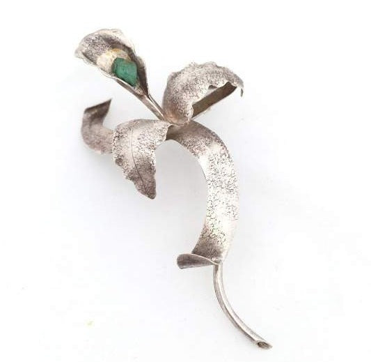 Real Silver Orchid Brooch Flower Brooch, Stamped Silver Flower Pin with Raw Emerald