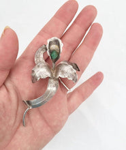 Load image into Gallery viewer, Real Silver Orchid Brooch Flower Brooch, Stamped Silver Flower Pin with Raw Emerald
