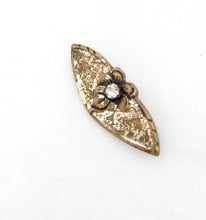 Load image into Gallery viewer, Art Nouveau Flower Brooch Small Pin Prong Set Rhinestone Brooch in  Brass with Crosshatched Texture and Silver Leaf, Early 20th Century Pin
