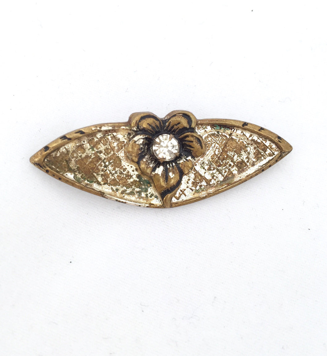 Art Nouveau Flower Brooch Small Pin Prong Set Rhinestone Brooch in  Brass with Crosshatched Texture and Silver Leaf, Early 20th Century Pin