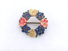 Load image into Gallery viewer, Antique Celluloid Flower Wreath Brooch Small Colorful Carved Celluloid Floral Garland pin
