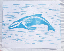 Load image into Gallery viewer, Humpback Whale Art Whale Bones Lino Print. Block Printed Whale Skeleton.  Blue Whale
