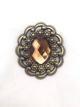 Load image into Gallery viewer, Large 90s Bronze Gem Brooch, Ornate Faceted Rhinestone Brass Tone brooch

