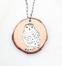 Load image into Gallery viewer, Wood Snowy Owl Christmas Ornament ONE Snowy Owl Holiday Decoration, Rustic Owl Decoration Christmas Ornament Handpainted Owl Hygge Christmas
