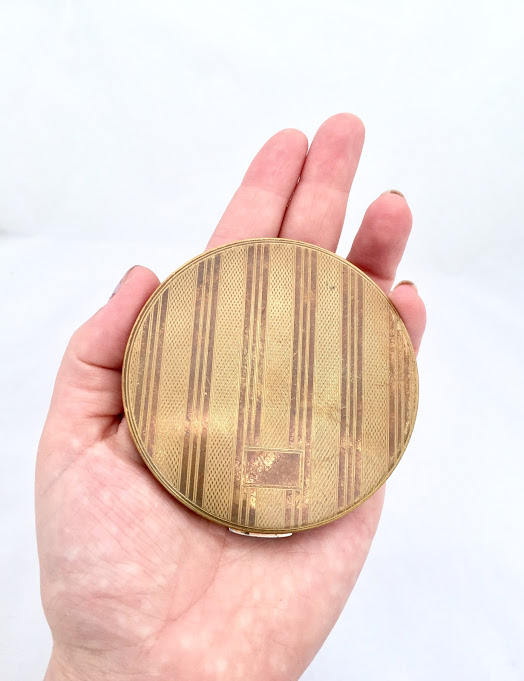 Vintage Make Up Compact STRATTON Vintage Compact in Gold Tone with Regency Stripe Pattern