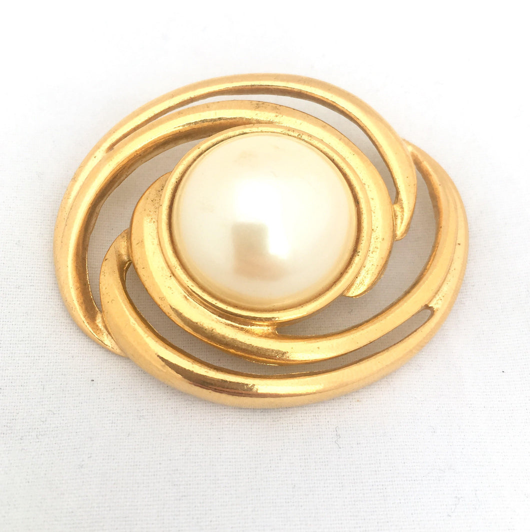 Large Pearl Brooch Gold Swirl with Pearl Cabochon Brooch