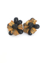 Load image into Gallery viewer, Big Plastic Clip on Earrings ROCHELLE Chrysanthemum Style Earrings in Golden Orange and Black
