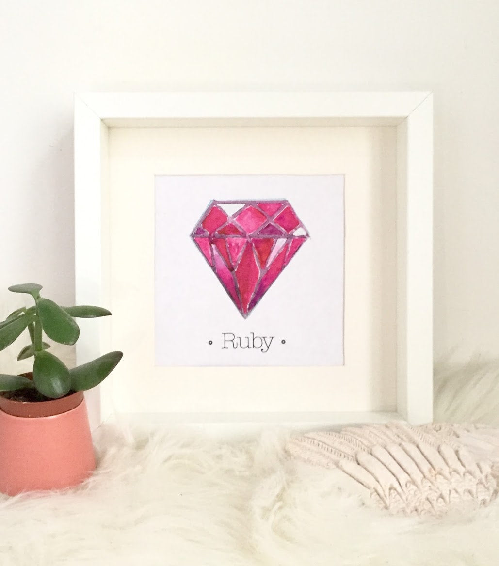 RUBY Birthstone Print, July Birthstone is Ruby. Choose Framed or Unframed