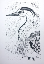 Load image into Gallery viewer, HERON Lino Print Bird Art Stork linoprint, One Unframed A4 Linocut Print of Wild Bird, Wildlife Art hand Pulled Black Ink Print Limited Edit
