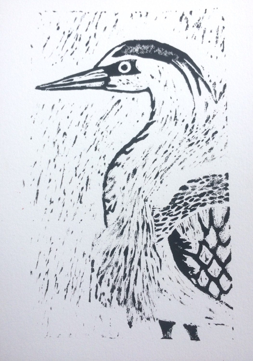 HERON Lino Print Bird Art Stork linoprint, One Unframed A4 Linocut Print of Wild Bird, Wildlife Art hand Pulled Black Ink Print Limited Edit