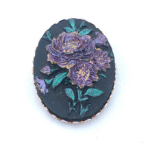 Load image into Gallery viewer, Vintage Black Floral scarf clip Resin Cabochon scarf clip, Vintage Dark Floral Dress Clip with Purple Flowers, Large Oval Scarf Ring
