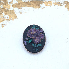 Load image into Gallery viewer, Vintage Black Floral scarf clip Resin Cabochon scarf clip, Vintage Dark Floral Dress Clip with Purple Flowers, Large Oval Scarf Ring
