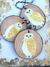 Load image into Gallery viewer, Wooden Barn Owl Christmas Ornaments THREE Barn Owl Holiday Decorations, Rustic Owl Decorations Christmas Ornaments Handpainted Owl Hygge
