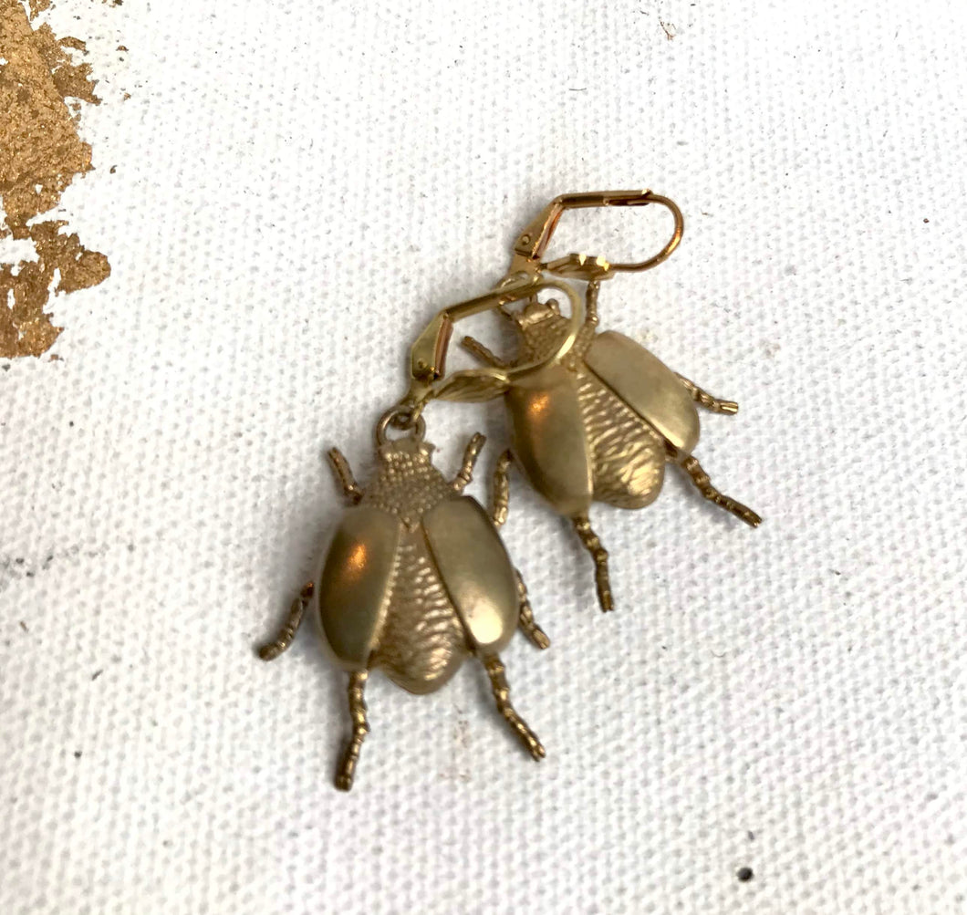 Golden Beetle Earrings Gold Bug Dangle Earrings Gold Tone Dangle Earrings hook earrings Brass Beetles Earrings