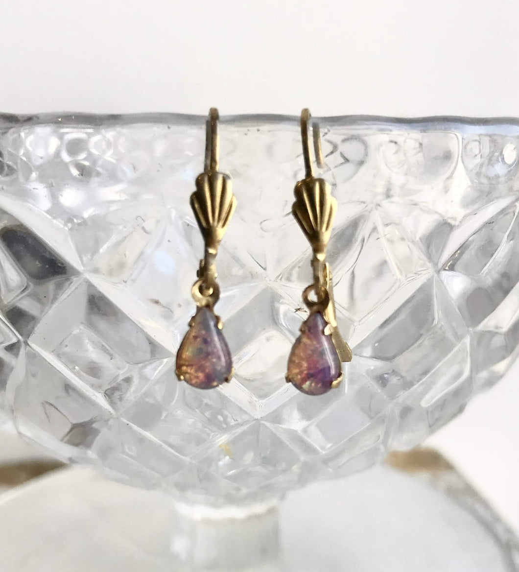 Pink Opal Glass Drop Earrings, Pink Opalescent teardrop & Gold Tone Dangle Earrings, Pink Dichroic Glass