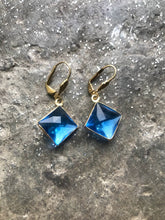Load image into Gallery viewer, Blue Diamond Glass Drop Earrings, Blue Gem &amp; Gold Tone Dangle Earrings, Faceted Blue hook earrings, Vintage Components
