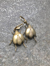 Load image into Gallery viewer, Golden Beetle Earrings Gold Bug Dangle Earrings Gold Tone Dangle Earrings hook earrings Brass Beetles Earrings
