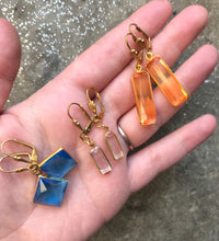 Load image into Gallery viewer, Blue Diamond Glass Drop Earrings, Blue Gem &amp; Gold Tone Dangle Earrings, Faceted Blue hook earrings, Vintage Components
