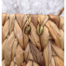 Load image into Gallery viewer, Golden Shell Earrings Brass Puka Shell Dangle Earrings, Gold Tone Shell hook earrings Brass Shell Earrings
