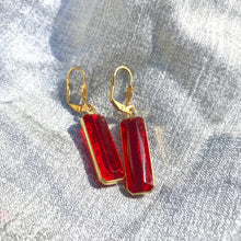 Load image into Gallery viewer, Large Red Glass Drop Earrings, Bright Red Gem &amp; Gold Tone Dangle Earrings
