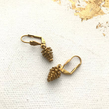 Load image into Gallery viewer, Gold Pine Cone Earrings Brass Tiny Pine Cone Dangle Earrings, Gold Tone Forest hook earrings Brass Pine cone Earrings
