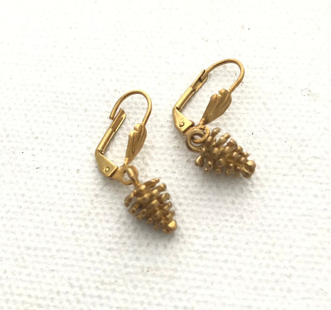 Gold Pine Cone Earrings Brass Tiny Pine Cone Dangle Earrings, Gold Tone Forest hook earrings Brass Pine cone Earrings