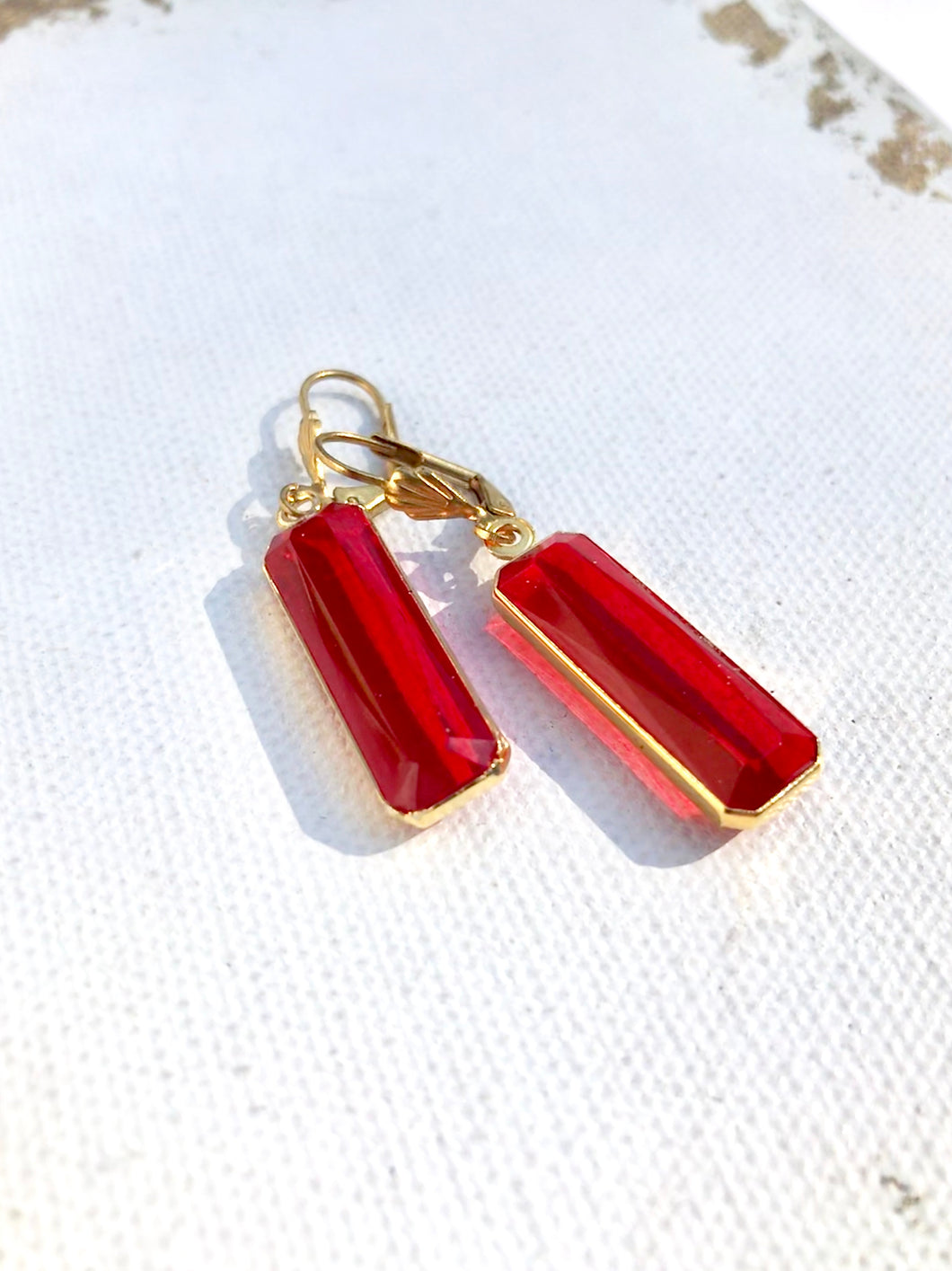 Large Red Glass Drop Earrings, Bright Red Gem & Gold Tone Dangle Earrings