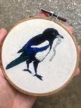 Load image into Gallery viewer, Embroidered Magpie Hoop Art Embroidery, The Thief, Thieving Magpie with Silver chain,  Embroidery Art Small Circular Hoop, Tiny art Corvids
