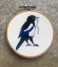 Load image into Gallery viewer, Embroidered Magpie Hoop Art Embroidery, The Thief, Thieving Magpie with Silver chain,  Embroidery Art Small Circular Hoop, Tiny art Corvids
