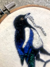 Load image into Gallery viewer, Embroidered Magpie Hoop Art Embroidery, The Thief, Thieving Magpie with Silver chain,  Embroidery Art Small Circular Hoop, Tiny art Corvids
