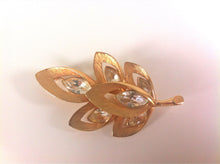 Load image into Gallery viewer, Stylised Leaf brooch, Brushed gold &amp; large Rhinestones, Large Vintage Gold Leaves Brooch, 1960s
