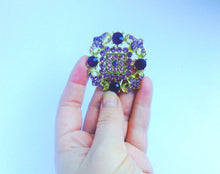 Load image into Gallery viewer, Large Vintage Purple and Gold Brooch, Regal Purple Rhinestone Gold Toned Brooch
