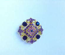 Load image into Gallery viewer, Large Vintage Purple and Gold Brooch, Regal Purple Rhinestone Gold Toned Brooch
