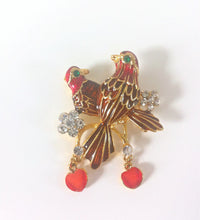 Load image into Gallery viewer, Enamel Bird Brooch Love Birds Rhinestone Birds Gold tone Brooch Red Enamel, Figural Bird pin with Flowers &amp; Hearts Champleve Cloisonne pin
