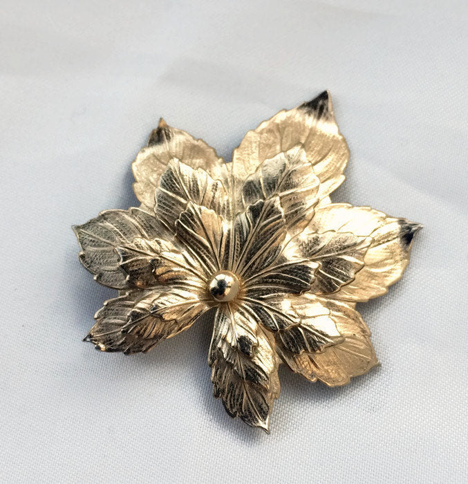Layered Gold Sycamore Leaf,  Beautiful textured gold leaf vintage brooch