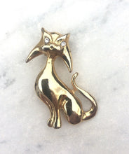 Load image into Gallery viewer, Vintage Cat Brooch in Gold Tone with Rhinestone eyes. Cat lady Brooch, Vintage Cat Lovers pin
