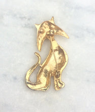 Load image into Gallery viewer, Vintage Cat Brooch in Gold Tone with Rhinestone eyes. Cat lady Brooch, Vintage Cat Lovers pin
