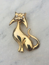 Load image into Gallery viewer, Vintage Cat Brooch in Gold Tone with Rhinestone eyes. Cat lady Brooch, Vintage Cat Lovers pin
