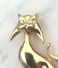 Load image into Gallery viewer, Vintage Cat Brooch in Gold Tone with Rhinestone eyes. Cat lady Brooch, Vintage Cat Lovers pin
