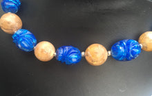 Load image into Gallery viewer, Vintage Orange Blue Beaded Necklace, Carved Lucite Beads, Short Vintage Necklace, Chunky Beads
