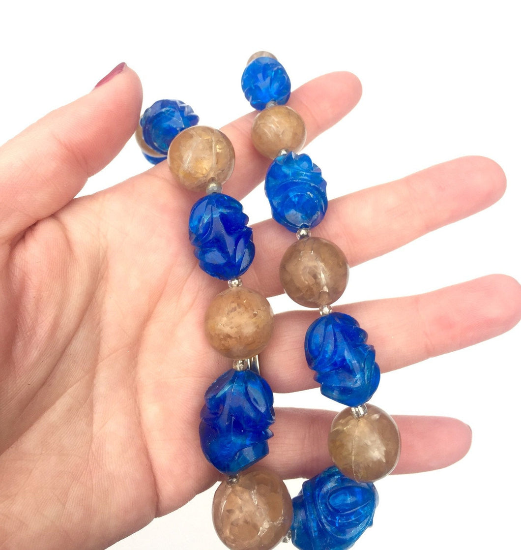 Vintage Orange Blue Beaded Necklace, Carved Lucite Beads, Short Vintage Necklace, Chunky Beads