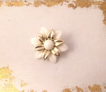 Load image into Gallery viewer, Vintage White Flower Brooch White &amp; Gold Plastic Vintage Pin, Flower Power brooch
