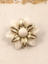 Load image into Gallery viewer, Vintage White Flower Brooch White &amp; Gold Plastic Vintage Pin, Flower Power brooch
