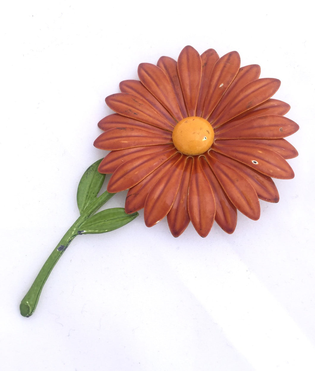 Large Flower Enamel Vintage Brooch, Mid-century Enamel Orange Daisy Pin, VERY BIG Vintage Daisy BROOCH Gerber Daisy Brooch Huge Brooch Pin