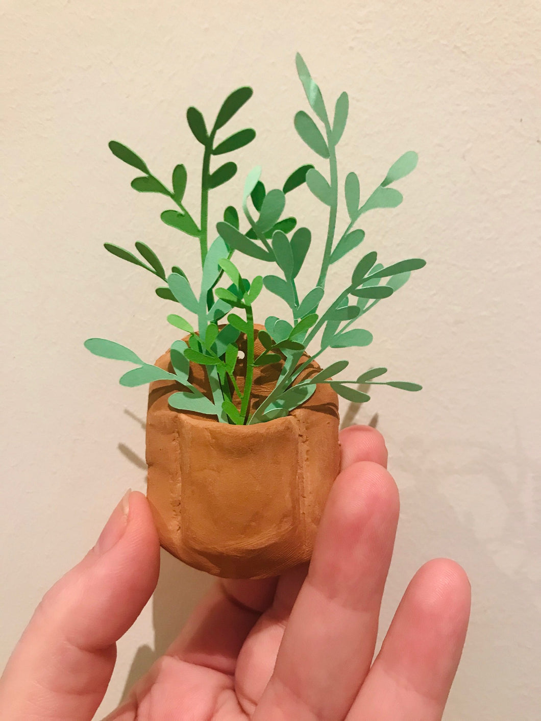 Paper Faux Plant, Plastic Free Fake Plant in Handmade Terracotta Wall pocket
